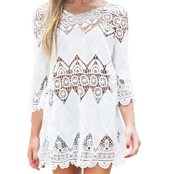 Crochet 3/4 Sleeve Tunic SzM beach pool restore spa bikini cover 100 % Cotton - Picture 4 of 8